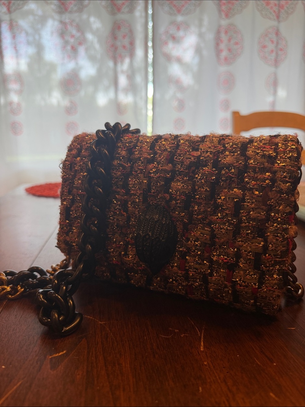 Kurt Geiger Tweed Crossbody Bag with Black & Gold Chain